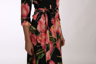 Elegant Black Shift Dress With Pink Tulips Print - Luxury for You