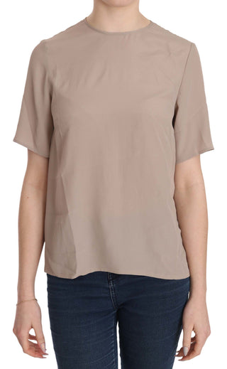 Elegant Beige Silk Blend Crew Neck Blouse - Luxury for You