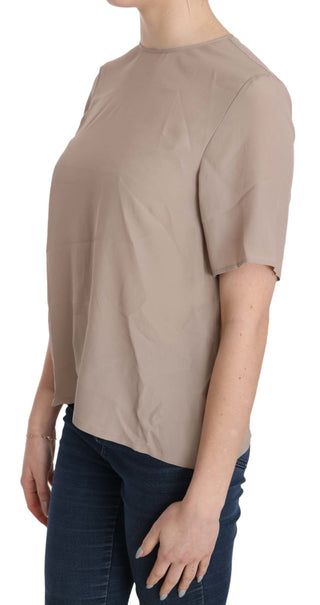 Elegant Beige Silk Blend Crew Neck Blouse - Luxury for You