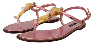 Chic Pink Leather Sandals With Exquisite Embellishment