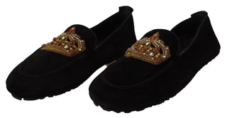 Elegant Black Leather Loafer Slides With Gold Embroidery - Luxury for You