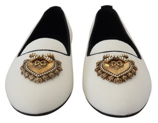 Elegant White Velvet Loafers With Gold Heart Detail