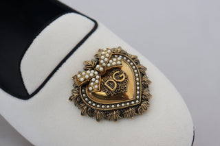 Elegant White Velvet Loafers With Gold Heart Detail