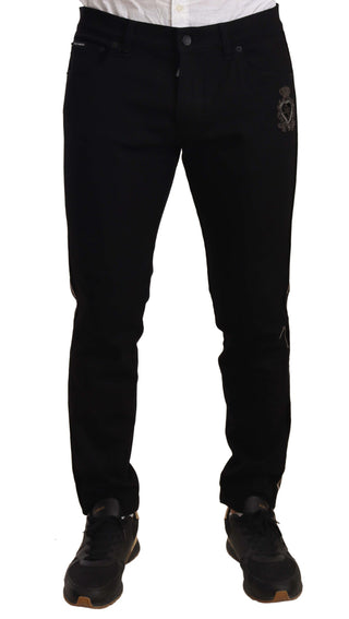 Heraldic Embroidered Slim Fit Black Jeans - Luxury for You