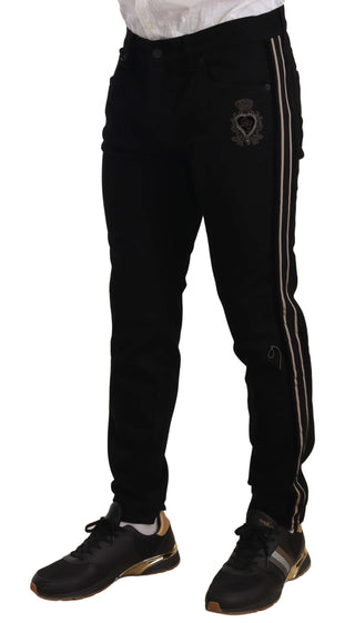 Heraldic Embroidered Slim Fit Black Jeans - Luxury for You