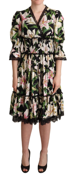 Elegant Lily Print Midi Dress With Lace Trim - Luxury for You