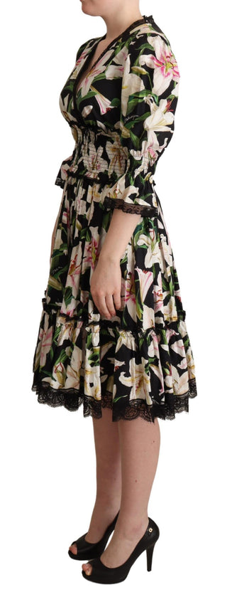 Elegant Lily Print Midi Dress With Lace Trim - Luxury for You