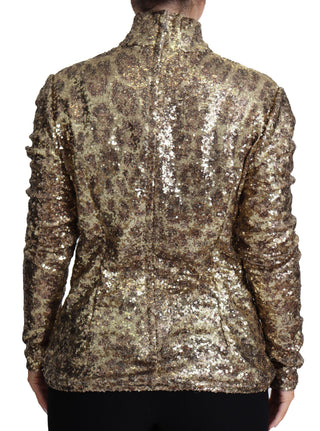 Sequined Turtleneck Full Zip Sweater In Brown - Luxury for You