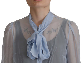 Elegant Silk Ascot Collar Blouse In Light Blue