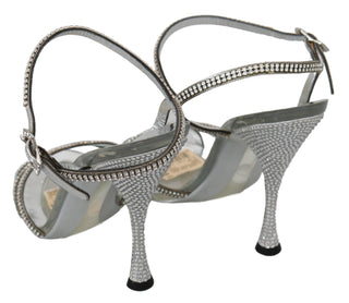 Silver Leather Ankle Strap Sandals With Crystals - Luxury for You