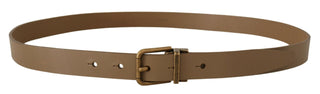 Elegant Brown Leather Belt With Brass Tone Buckle