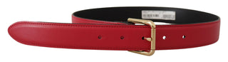 Elegant Red Leather Belt With Gold-tone Buckle