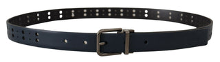 Elegant Blue Leather Belt With Metal Buckle