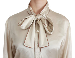 Elegant Beige Silk Satin Blouse With Queen Embroidery - Luxury for You