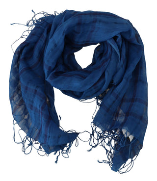 Chic Linen Fringed Scarf In Blue Checkered