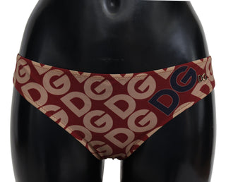 Chic Maroon Beige Logo Print Bikini Bottom - Luxury for You