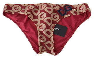 Chic Maroon Beige Logo Print Bikini Bottom - Luxury for You