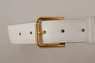 Chic White Leather Belt With Gold Engraved Buckle