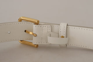 Chic White Leather Belt With Gold Engraved Buckle