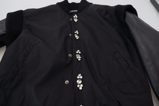 Elegant Black Crystal-embellished Bomber Jacket