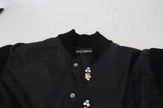 Elegant Black Crystal-embellished Bomber Jacket