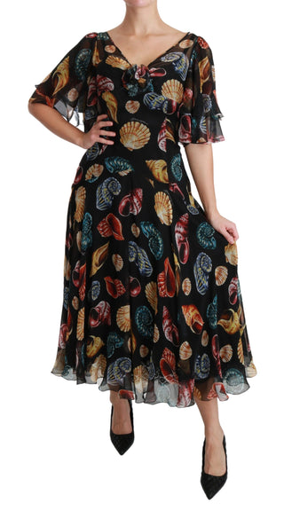 Elegant Sea Shells Print Silk Midi Dress - Luxury for You