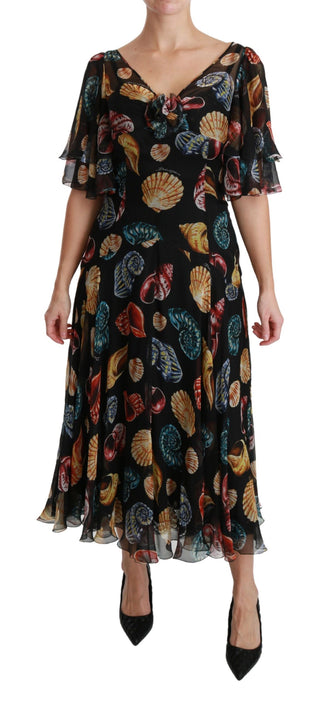 Elegant Sea Shells Print Silk Midi Dress - Luxury for You