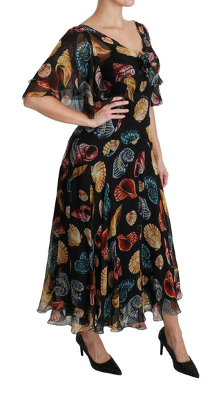 Elegant Sea Shells Print Silk Midi Dress - Luxury for You