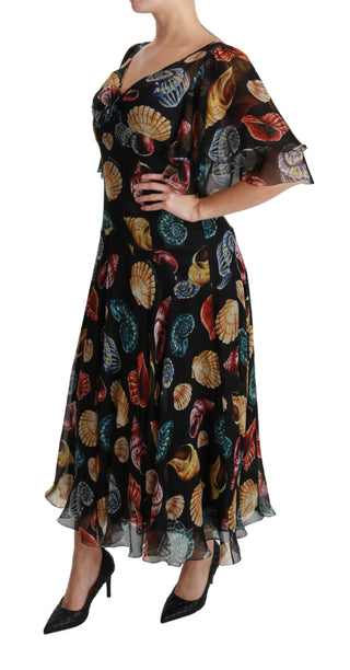 Elegant Sea Shells Print Silk Midi Dress - Luxury for You