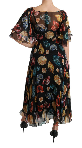 Elegant Sea Shells Print Silk Midi Dress - Luxury for You