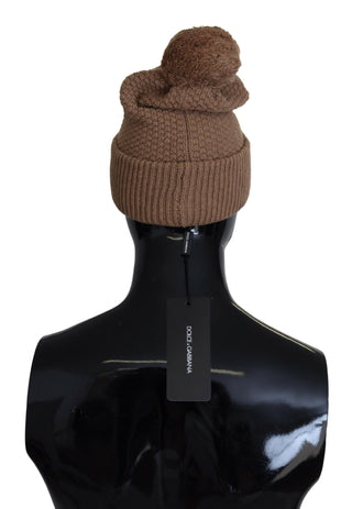 Elegant Camel Knit Beanie With Fur Accent