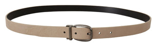 Elegant Beige Leather Belt With Silver Tone Buckle