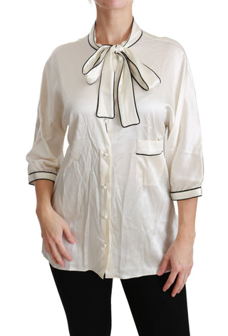 Elegant Beige Silk Blouse With Bow Scarf - Luxury for You