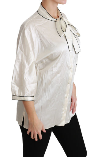 Elegant Beige Silk Blouse With Bow Scarf - Luxury for You