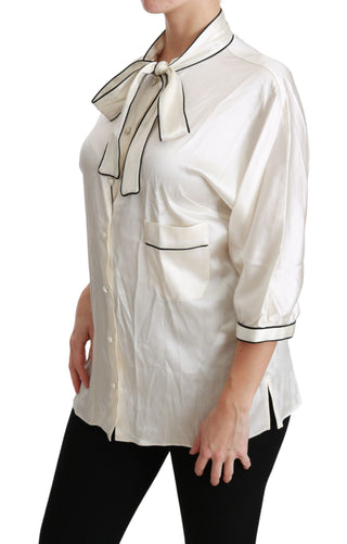 Elegant Beige Silk Blouse With Bow Scarf - Luxury for You