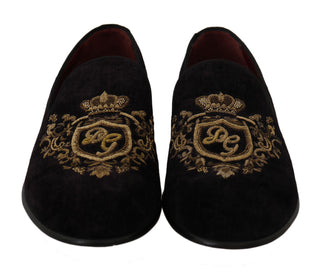 Elegant Black Loafers With Gold Crown Embroidery - Luxury for You