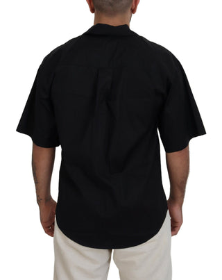 Black Cotton Collared Logo Print Short Sleeve Shirt