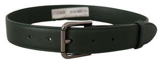 Elegant Dark Green Leather Belt With Logo Buckle