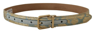 Elegant Light Blue Leather Belt With Gold Buckle