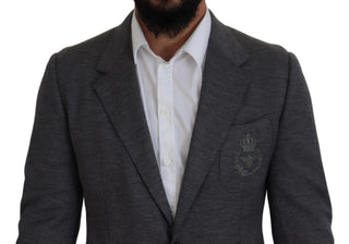 Elegant Gray Wool Blazer With Bee Crown Embroidery