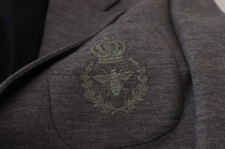 Elegant Gray Wool Blazer With Bee Crown Embroidery