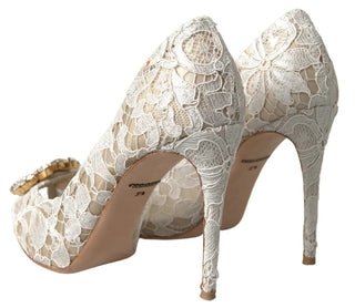 White Taormina Lace Crystal Heels Pumps Shoes