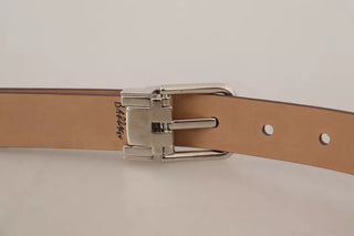 Brown Classic Leather Silver Logo Metal Buckle Belt