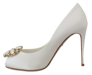 Crystal-embellished White Peep Toe Heels