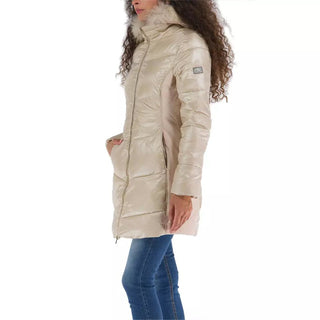 Elegant Beige Padded Jacket With Fur Hood