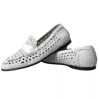 White Woven Leather Men Slip On Loafers Shoes