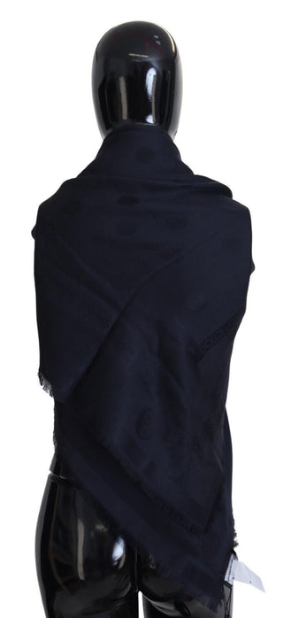 Elegant Silk-wool Fringed Scarf In Dark Blue