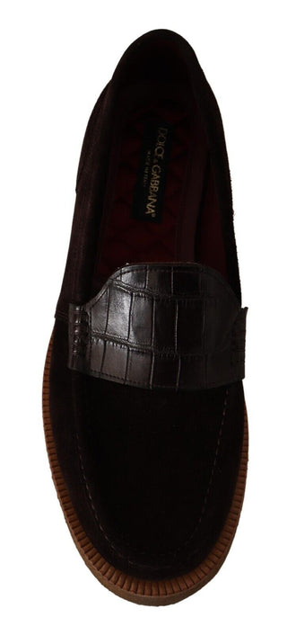 Elegant Suede Crocodile Loafers In Brown