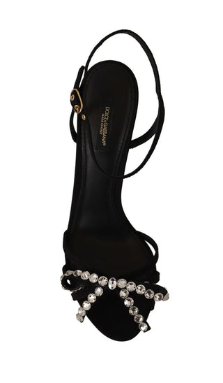 Elegant Black Viscose Ankle Strap Sandals With Crystals