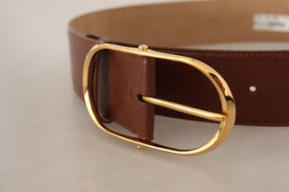 Elegant Brown Leather Belt With Gold Buckle